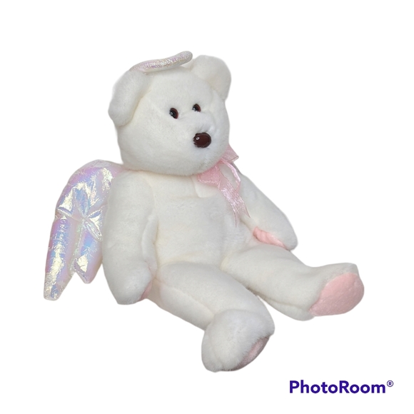 Halo Angel Bear Ty Beanie Buddies White Plush Brown Nose Iridesent Wings Clean - Picture 6 of 12